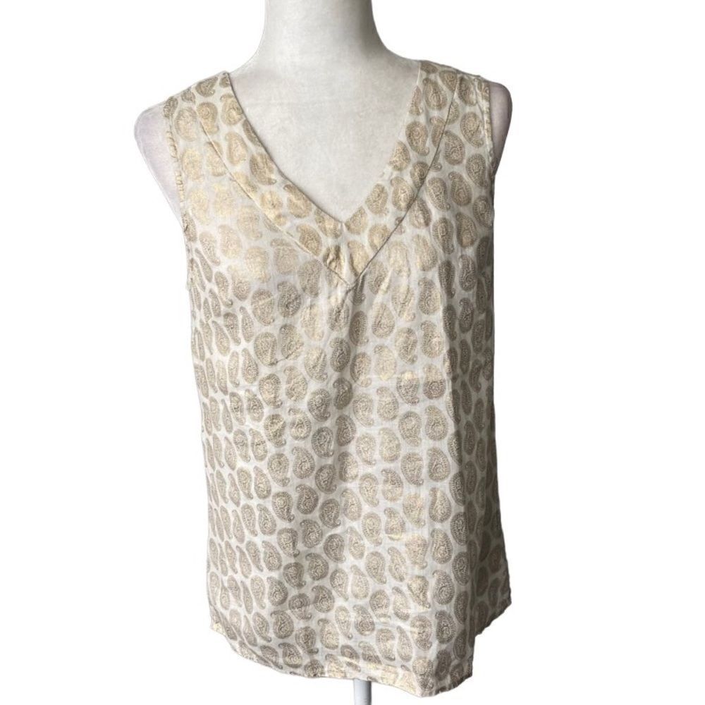 St. Tropez West Sleeveless Linen Top V Neck Paisley Tunic SZ S